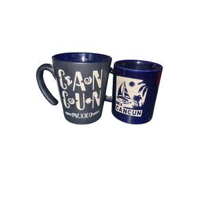 Cancun Mexico Set 2 Souvenir Coffee Mug Black & Blue Ceramic 4" Tall